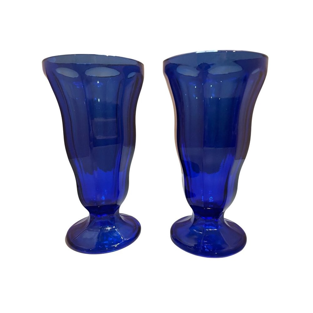 Vintage Blue Glass Pedestal Vase Pair Decorative Home Accent